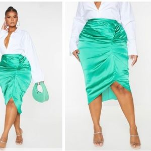 Plus Bright Green Satin Ruched Split Midi Skirt